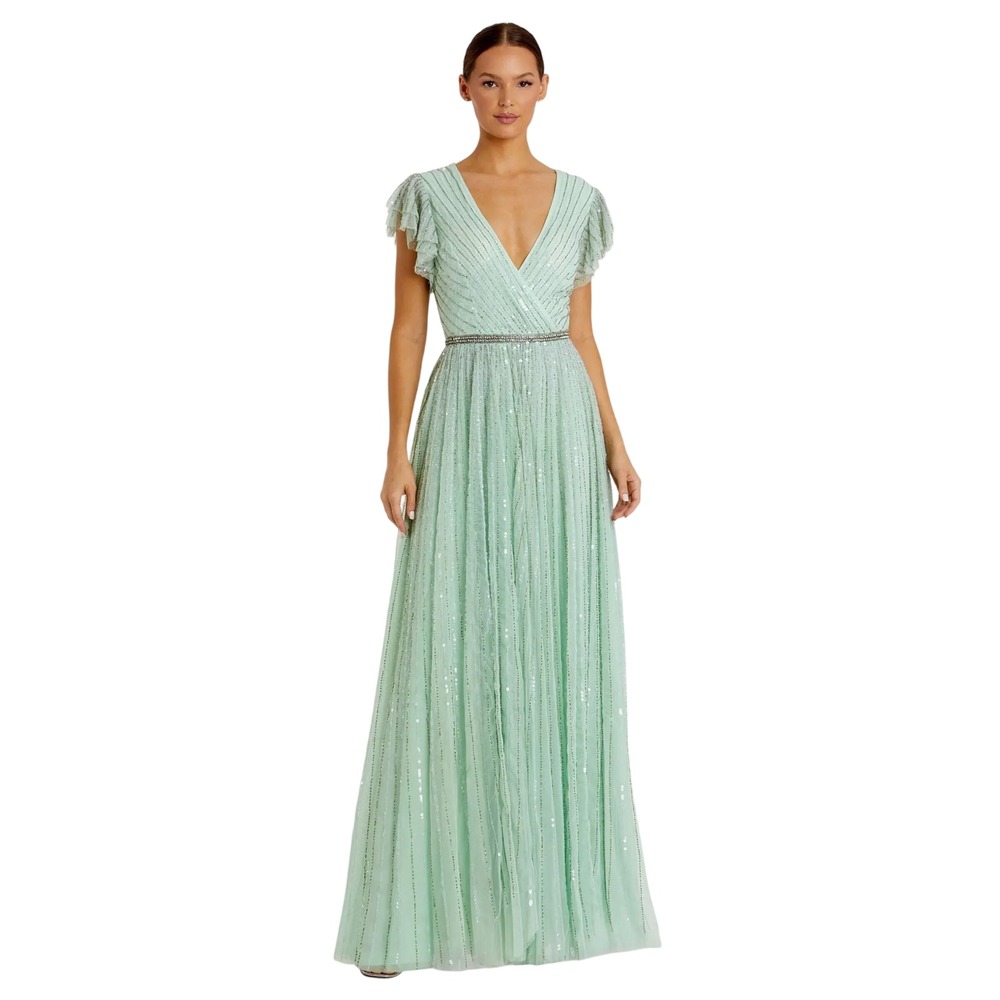 Mac Duggal 5502 Mint Green Sequin Beaded Ruffle Sleeve Maxi Gown Formal Dress